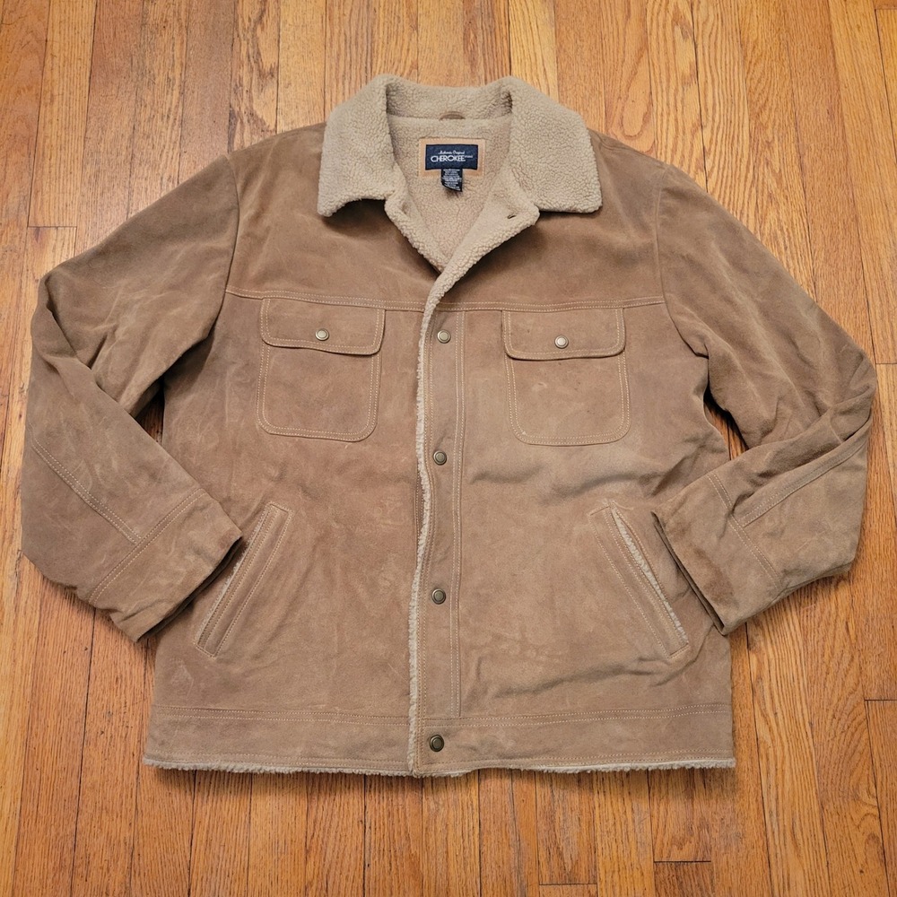 Cherokee L Leather Jacket Tan Suede Shearling Lined Rancher Western Earthy Boho